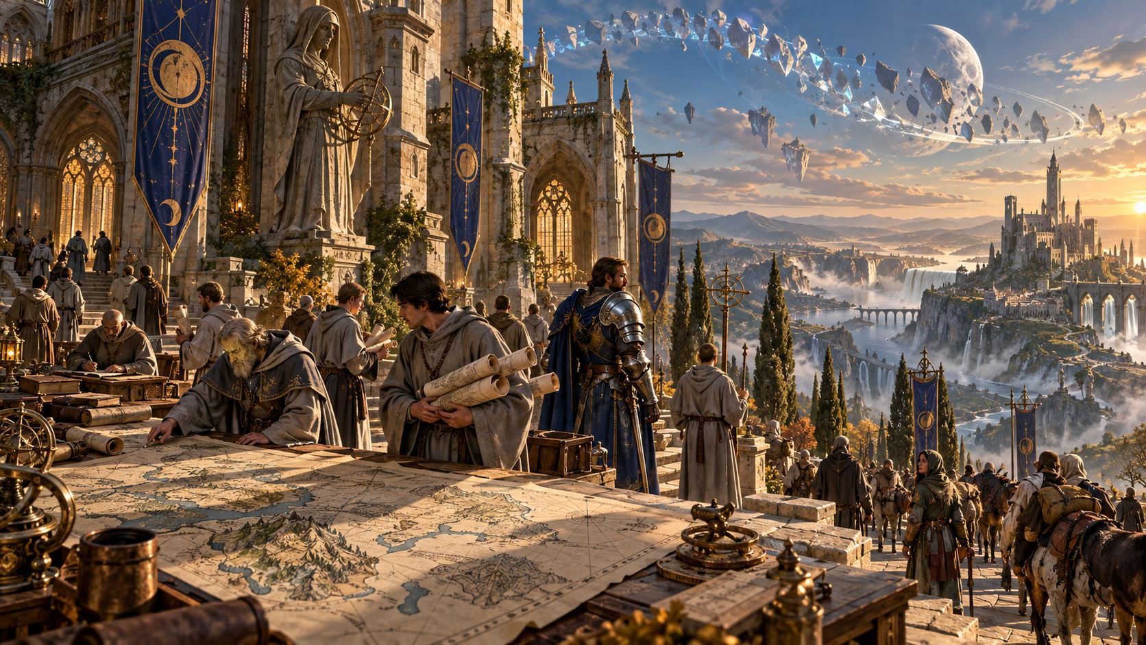 Monks in grey robes carry rolled maps through the courtyard of a white abbey at golden hour; a guard captain in plate armour stands by a great map table.