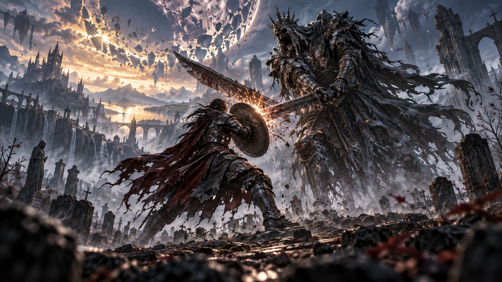 A warrior braces behind a round shield as a towering hollow knight brings a greatsword down; sparks fly between the tombstones.