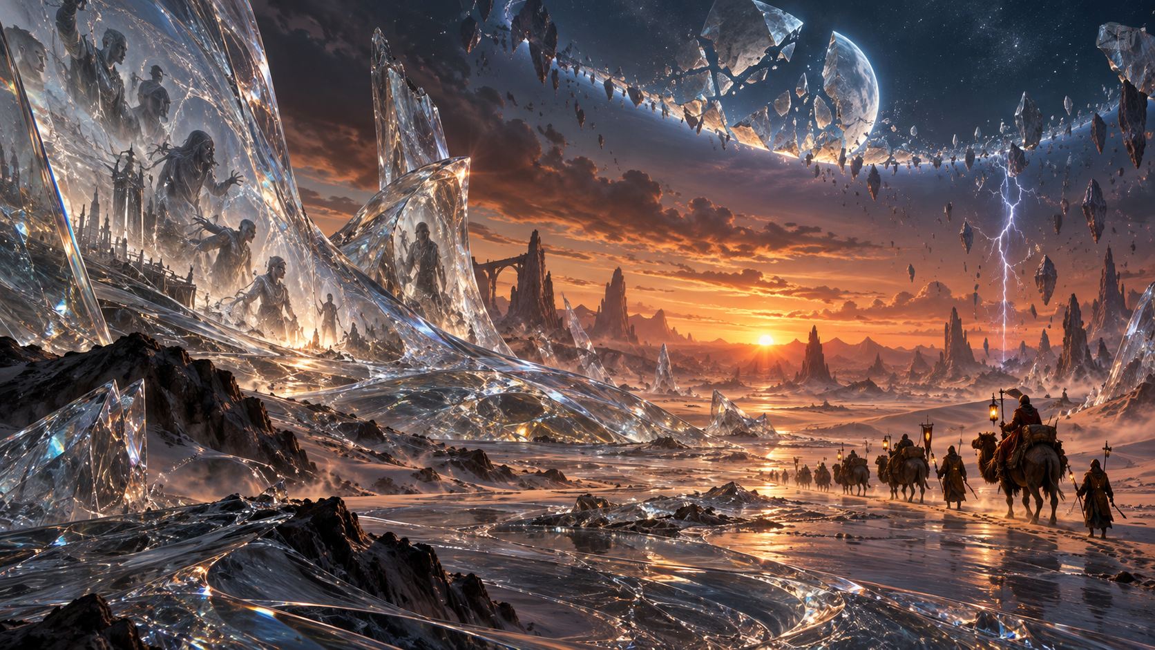 A desert of melted glass waves and pillars at sunset; a lightning bolt hangs frozen in the air as a lantern-lit caravan crosses below.