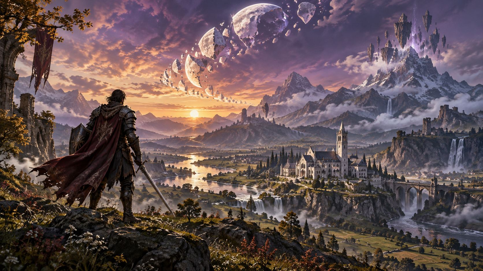 A knight on a hill looks over a valley with a white abbey and a silver river; above the mountains the shattered Moon drifts apart in pieces.