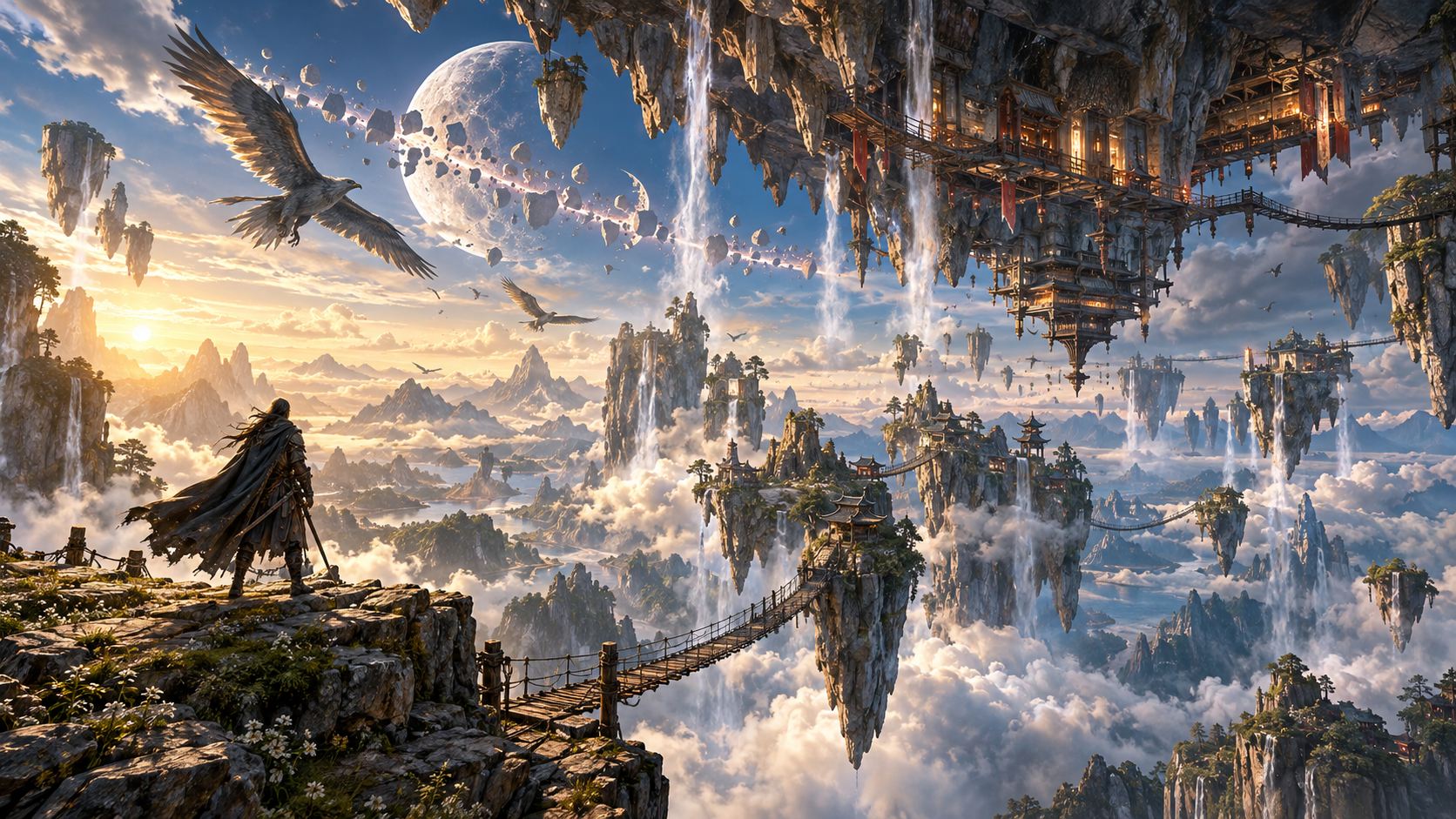 Colossal mountains with rocks hanging upside down in the sky, waterfalls falling upward and rope bridges between floating islands.